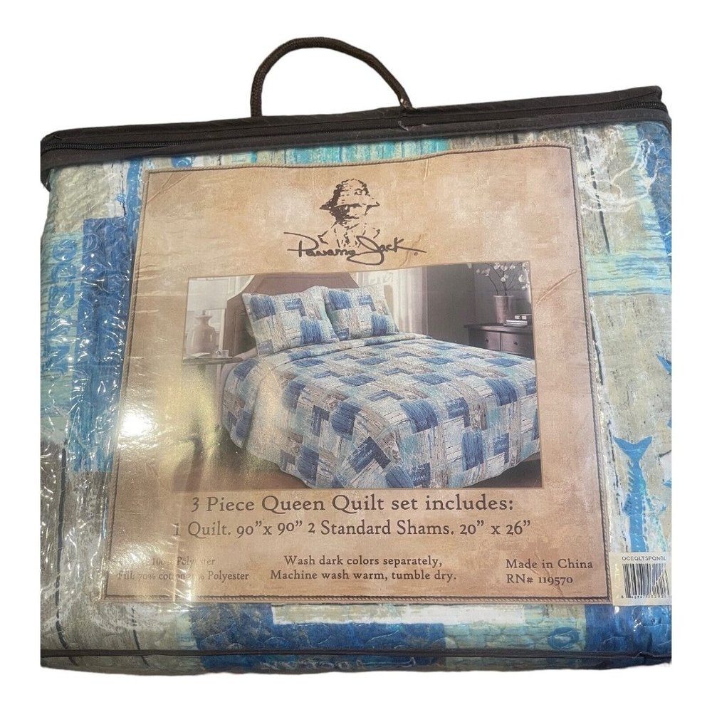 Panama Jack Ocean  Fish Blues Tans Full/Queen Quilt Set 3pc